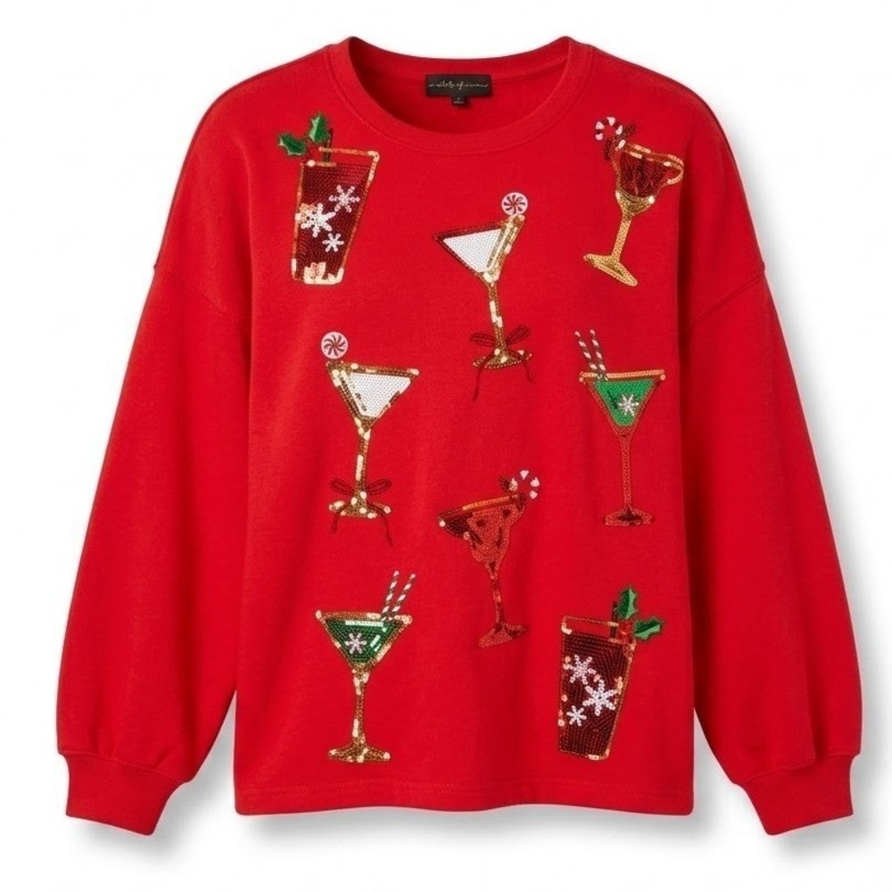 State of Mine‎ Red Christmas Cocktail Sequin Pullover Sweatshirt Large Holiday